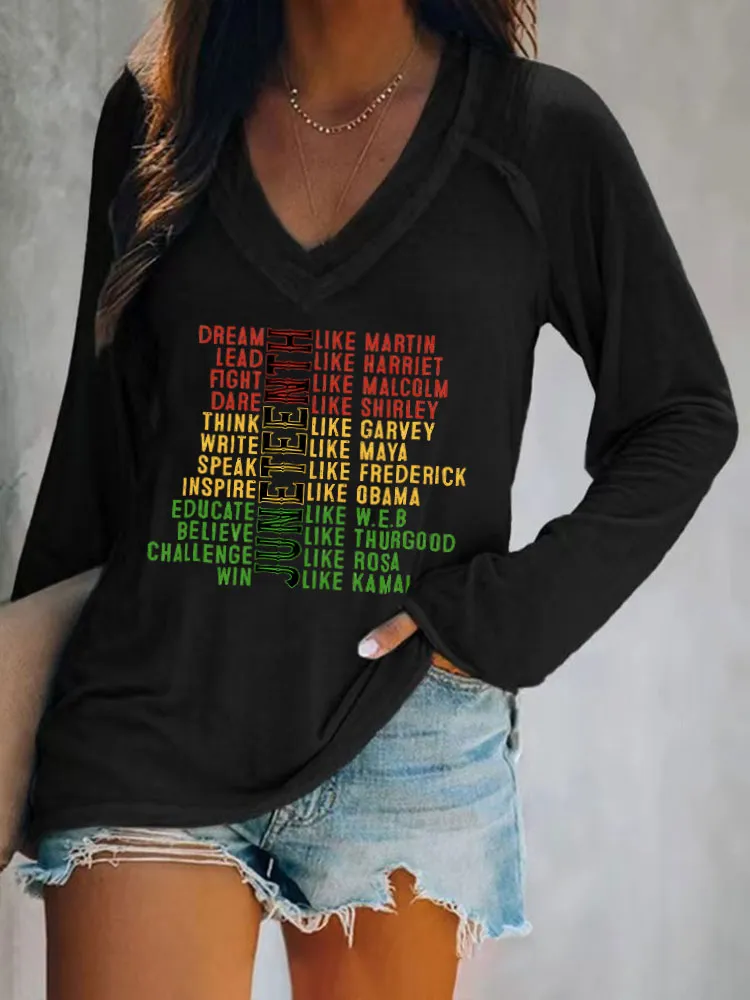 Women'S V-Neck Long-Sleeved T-Shirt Juneteenth
