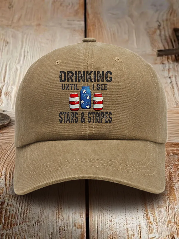 Drinking Until I See Stars And Stripes Print Washed Baseball Cap