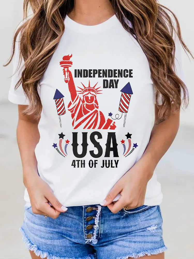Woman'S Independence Day USA 4Th Of July Round-Neck Short-Sleeved T-Shirt