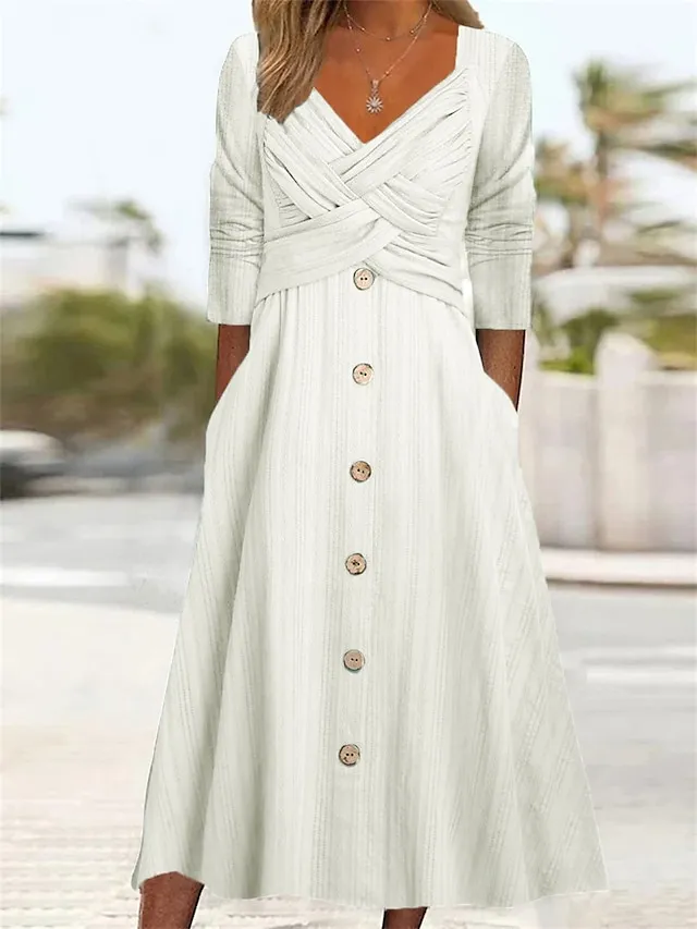 Women's Casual Dress Pleated Dress Plain Dress Plain Ruched Button V Neck Midi Dress Fashion Mature Outdoor Street Half Sleeve Loose Fit White Purple Green Summer Spring S M L XL XXL