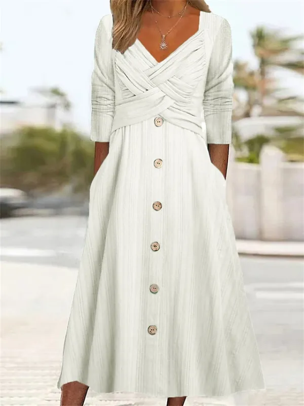 Women's Casual Dress Pleated Dress Plain Dress Plain Ruched Button V Neck Midi Dress Fashion Mature Outdoor Street Half Sleeve Loose Fit White Purple Green Summer Spring S M L XL XXL