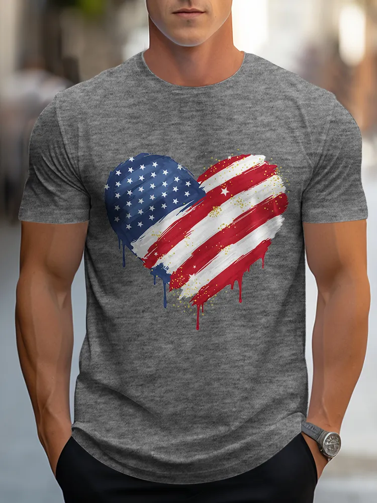 Man'S Star Stripe Heart Pattern Round-Neck Short-Sleeved T-Shirt