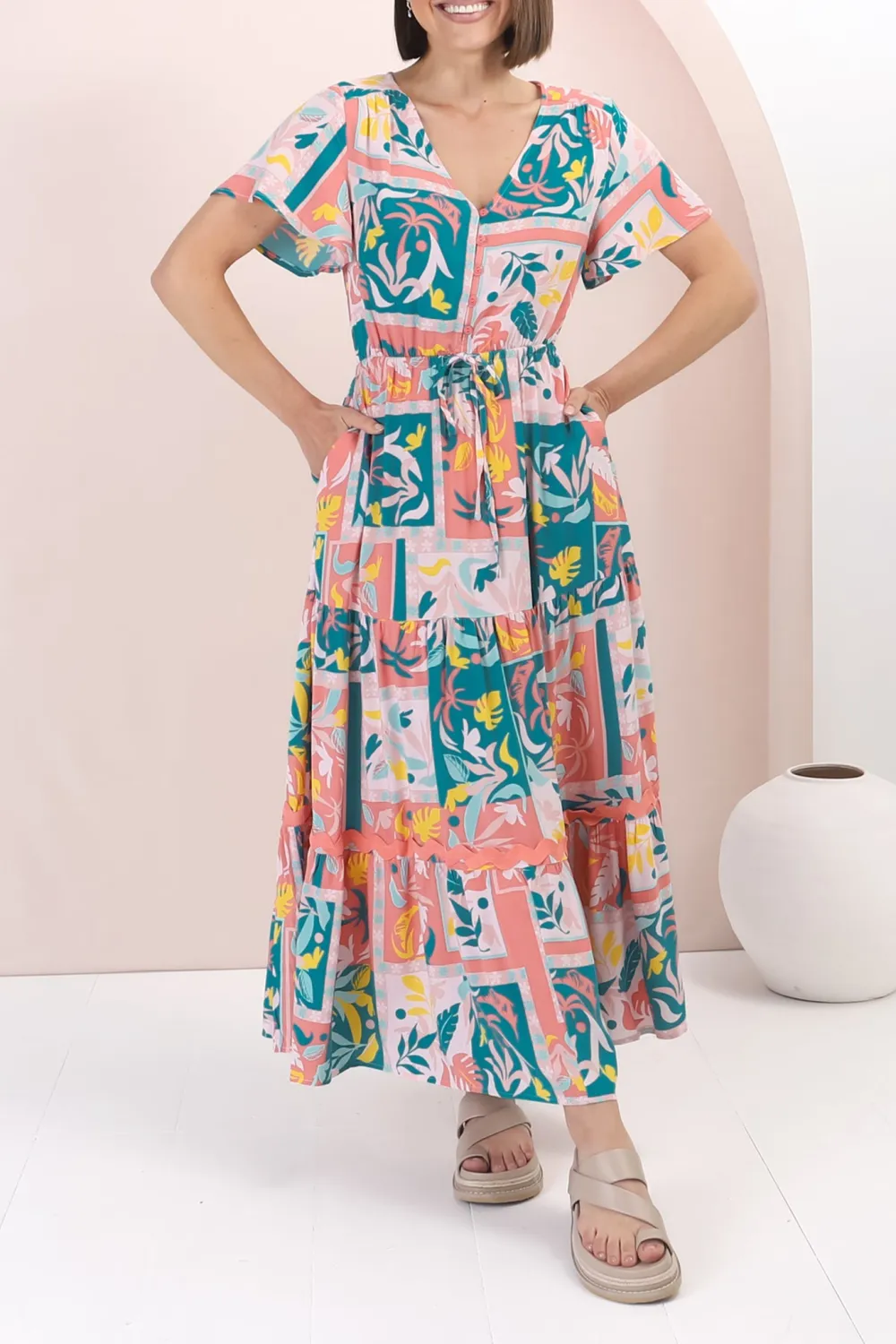 Colorful Patchwork Print Short Sleeve Maxi Dress