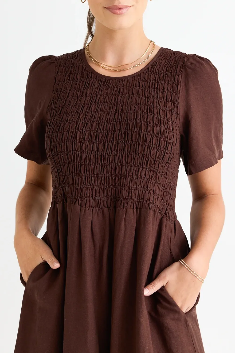 Linen Blend SS Shirred Bodice Midi Dress