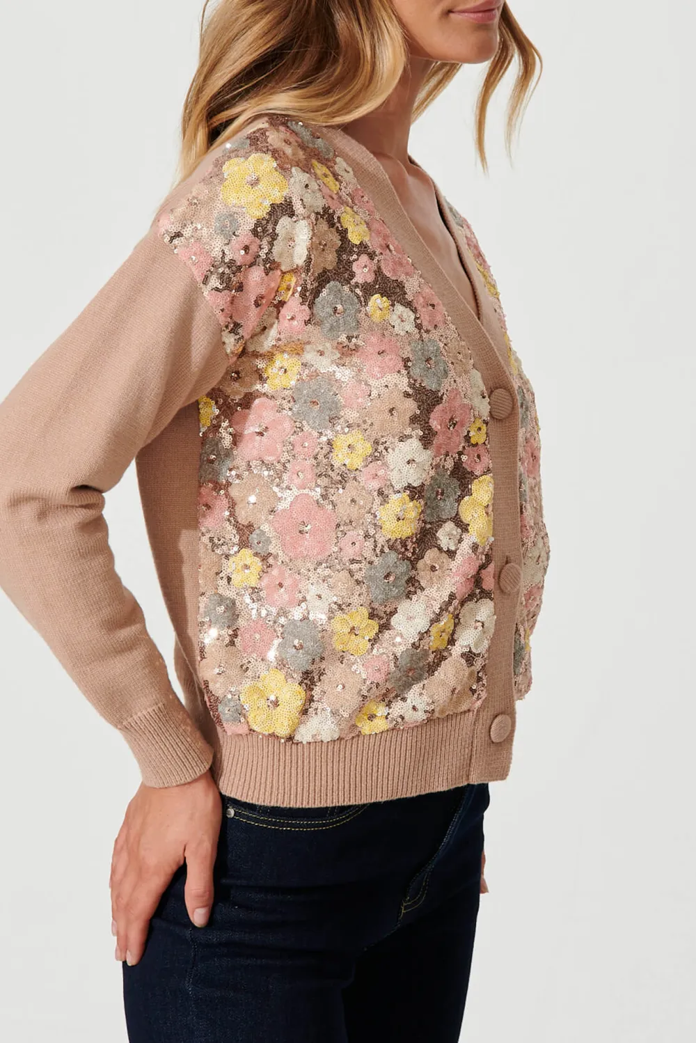 Brown Floral Sequined Cardigan