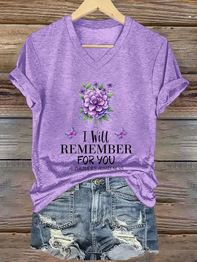 Women'S I Will Remember For You Alzheimer'S Awareness V-Neck T-Shirt