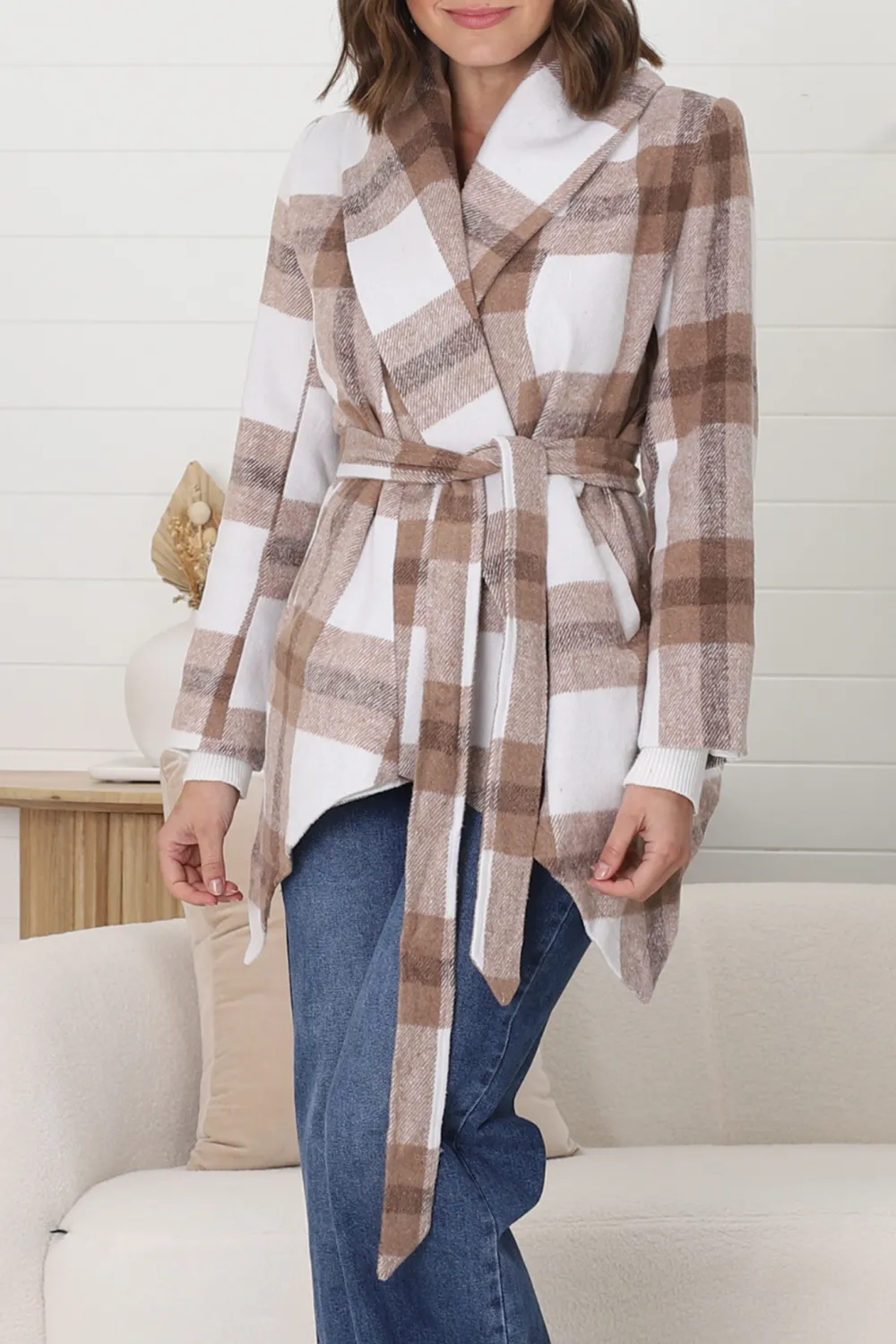Taupe Plaid Belted Wrap Coat
