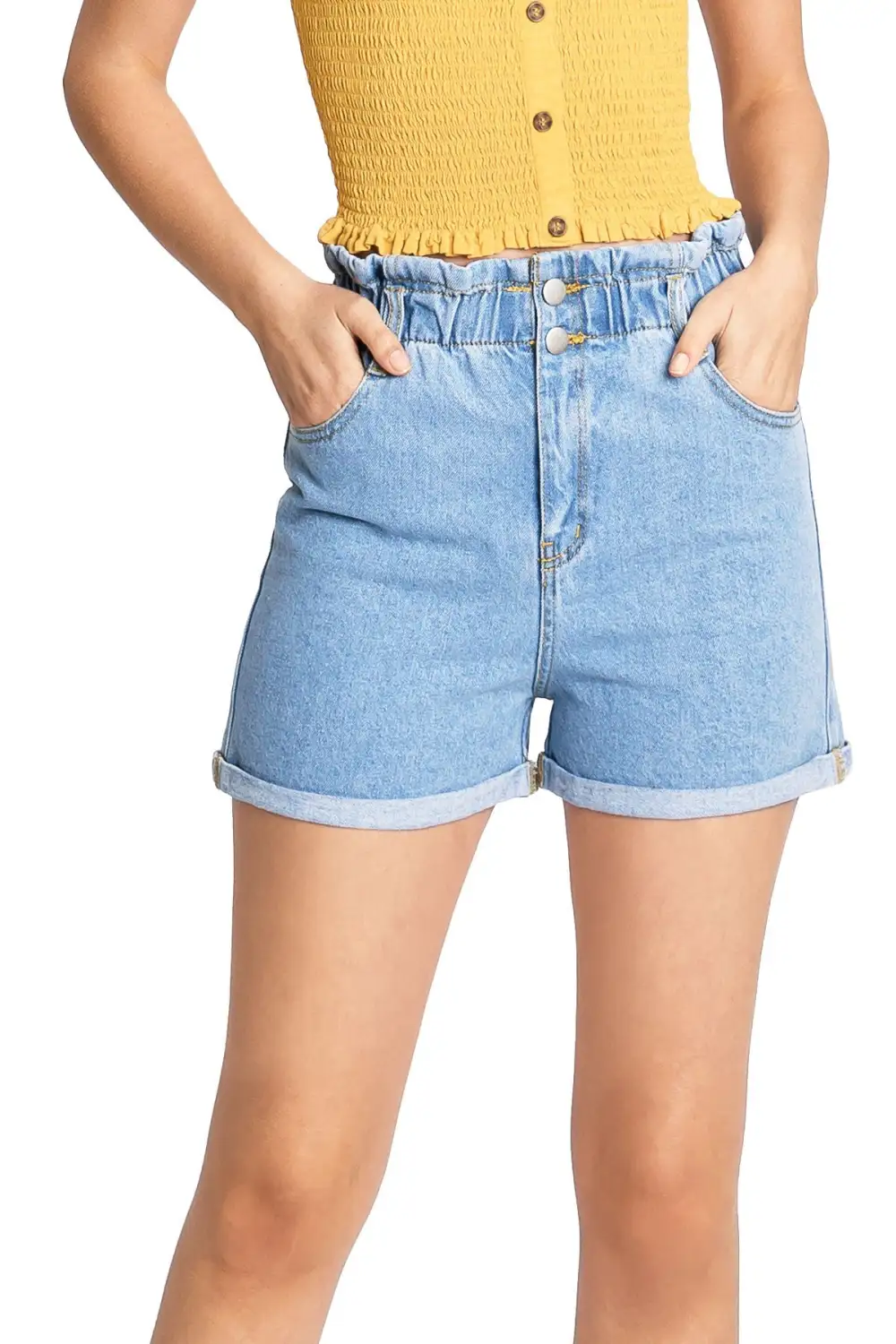 Light Wash Cuffed High - Waist Denim Shorts