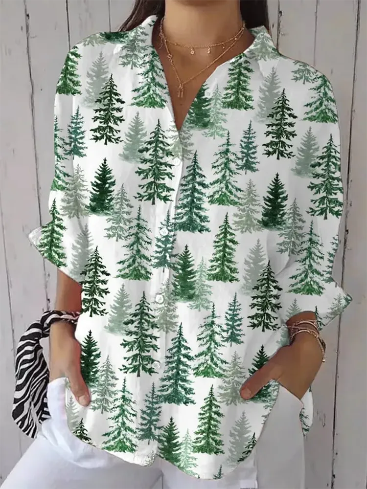 Women'S Casual Retro Forest Animal Print Cotton And Linen Shirt(With Pockets)