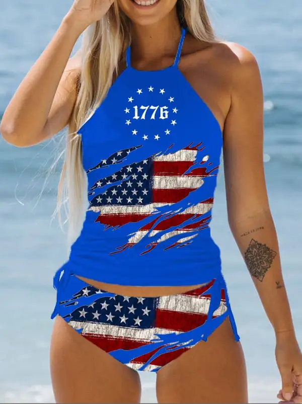 Women'S 1776 Damaged Stars And Stripes Printed Swimsuit Set