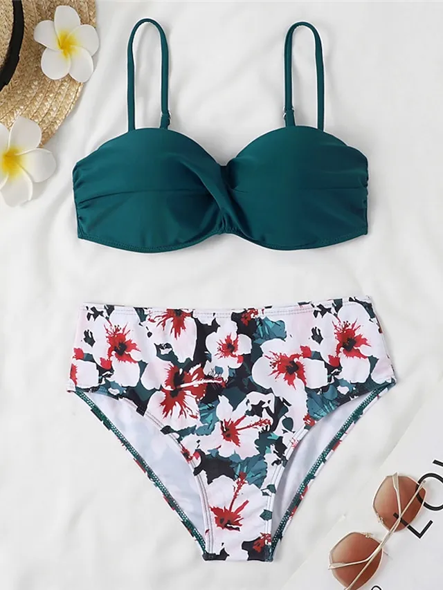 Women's Swimwear Bikini 2 Piece Normal Swimsuit 2 Piece Open Back Sexy Printing High Waisted Floral Leaves Black Yellow Navy Blue Royal Blue Blue Strap Bathing Suits Sexy Vacation Fashion