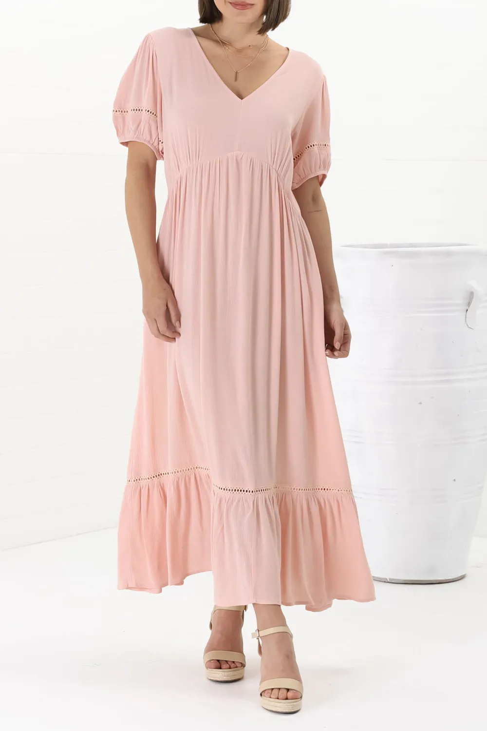 Pink V Neck Puff Sleeve Ruffled Maxi Dress