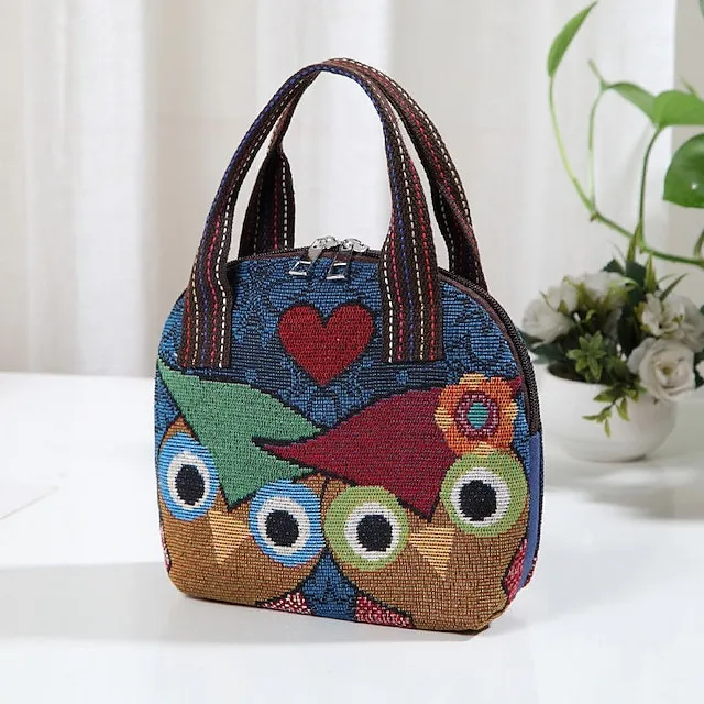 Women's Handbag Polyester Cotton Party Daily Zipper Large Capacity Breathable Durable Folk Blue butterfly Yellow Elephant Black elephant