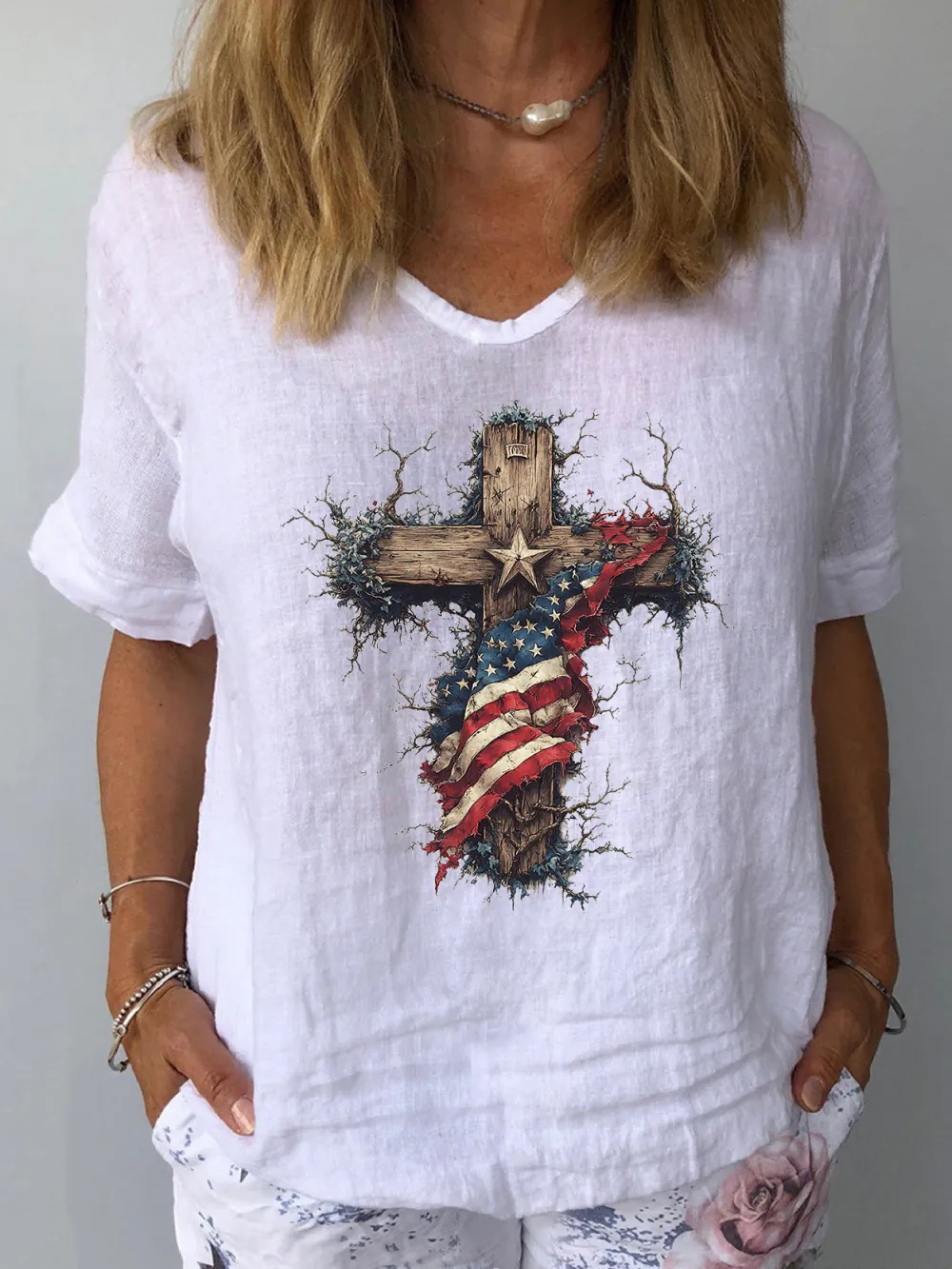 Women'S Independence Day And Faith V-Neck Short-Sleeve Shirt