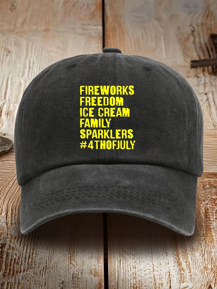 Fireworks Freedom Ice Cream Family Sparklers Print Washed Baseball Cap