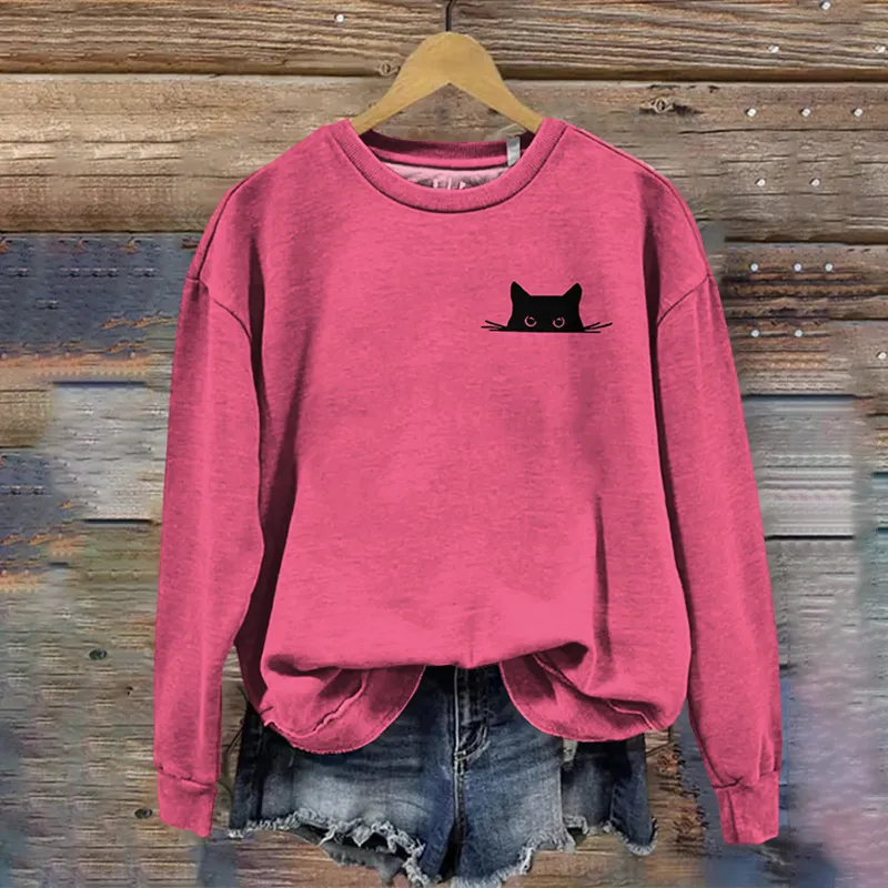 Women's Embroidered Black Cat Print Sweatshirt