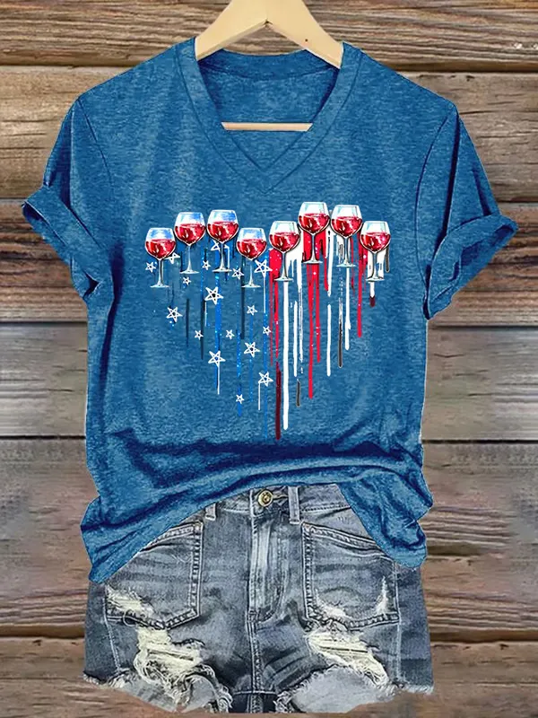 Woman'S Heart-Shaped Star Stripe Prints And Red Wine Glasses V-Neck Short-Sleeve T-Shirt