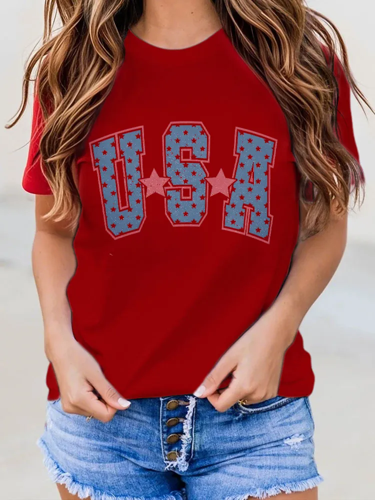 Woman'S USA Round-Neck Short-Sleeved T-Shirt
