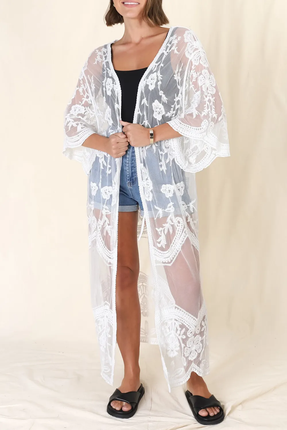 White Sheer Lace Long Line Cover Up