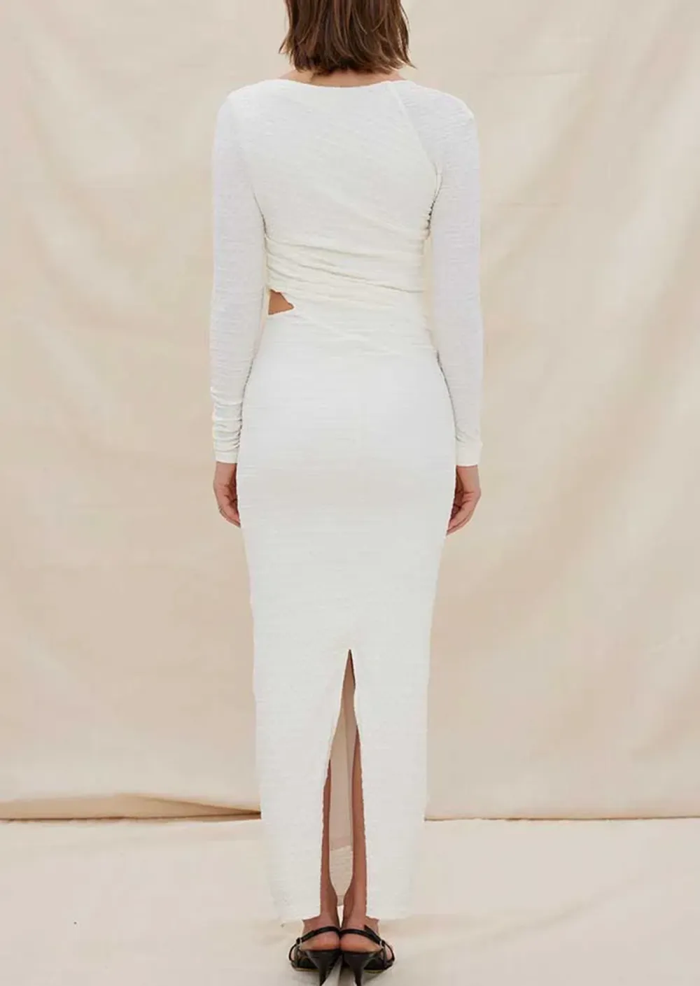 One Shoulder Ruched Long Sleeved Maxi Dress