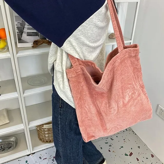 Tote Corduroy Daily Solid Color Black Pink Dark Green