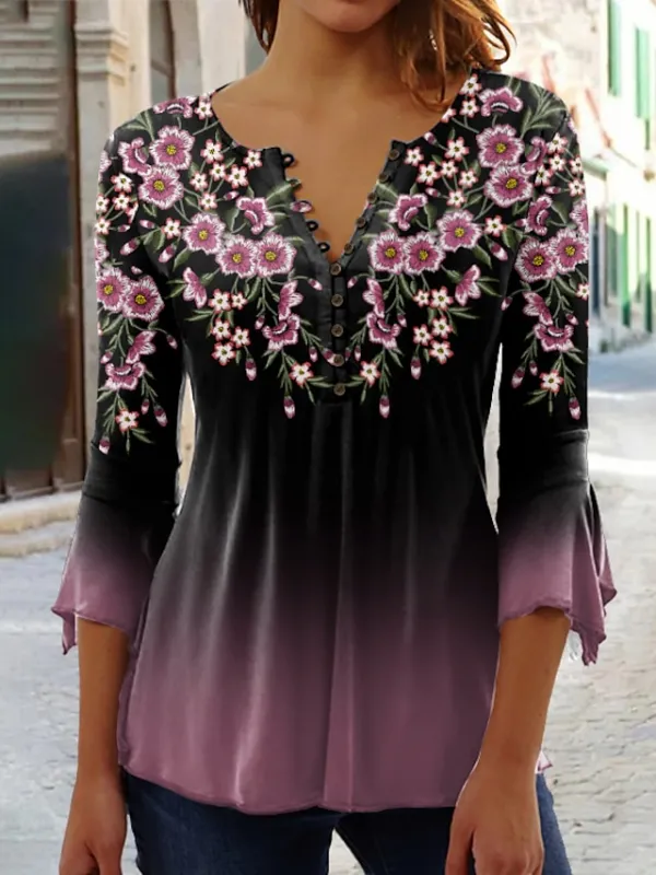 Women's Shirt Blouse Floral Yellow Pink Blue Button Print 3/4 Length Sleeve Holiday Basic Round Neck Regular Fit