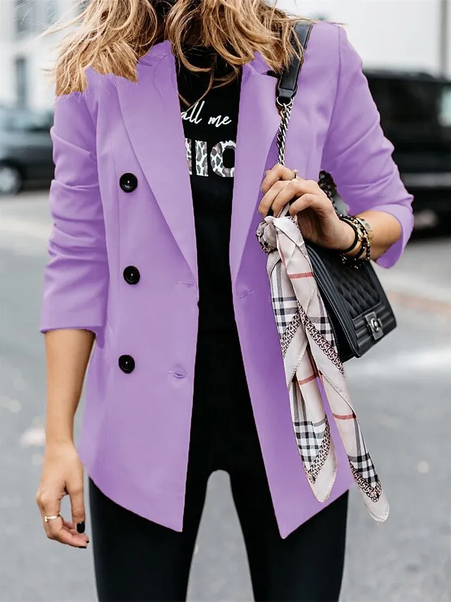Women's Blazer Outdoor Button Solid Color Warm Fashion Regular Fit Outerwear Long Sleeve Fall Light Blue S