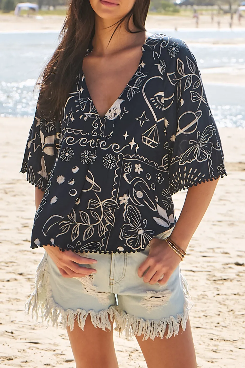 Navy Blue Printed V Neck Short Sleeve Top
