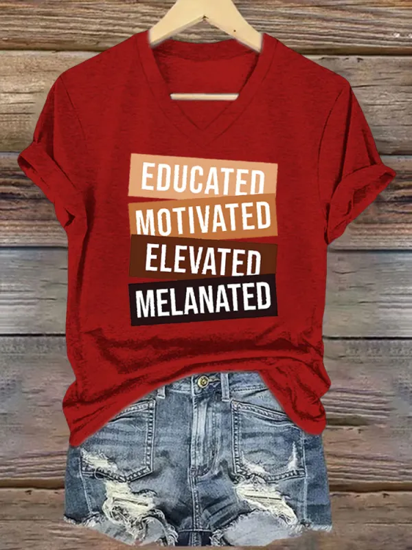 Women'S V-Neck T-Shirt Educated Motivated Elevated Melanated