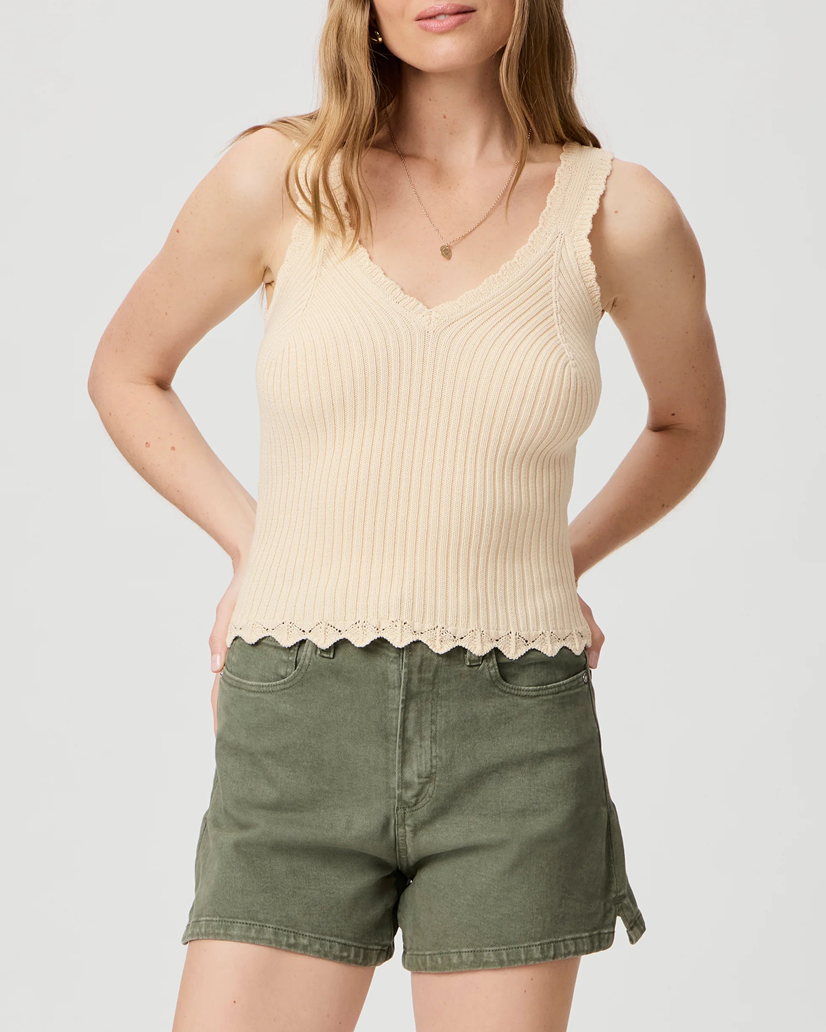 Beige Ribbed V Neck Cropped Tank Top