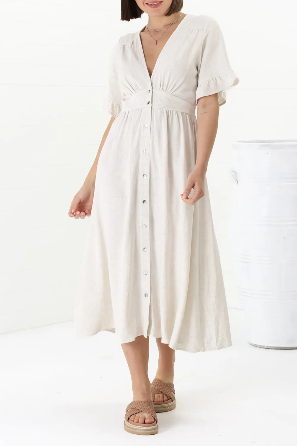 White Button Front Short Sleeve Midi Dress