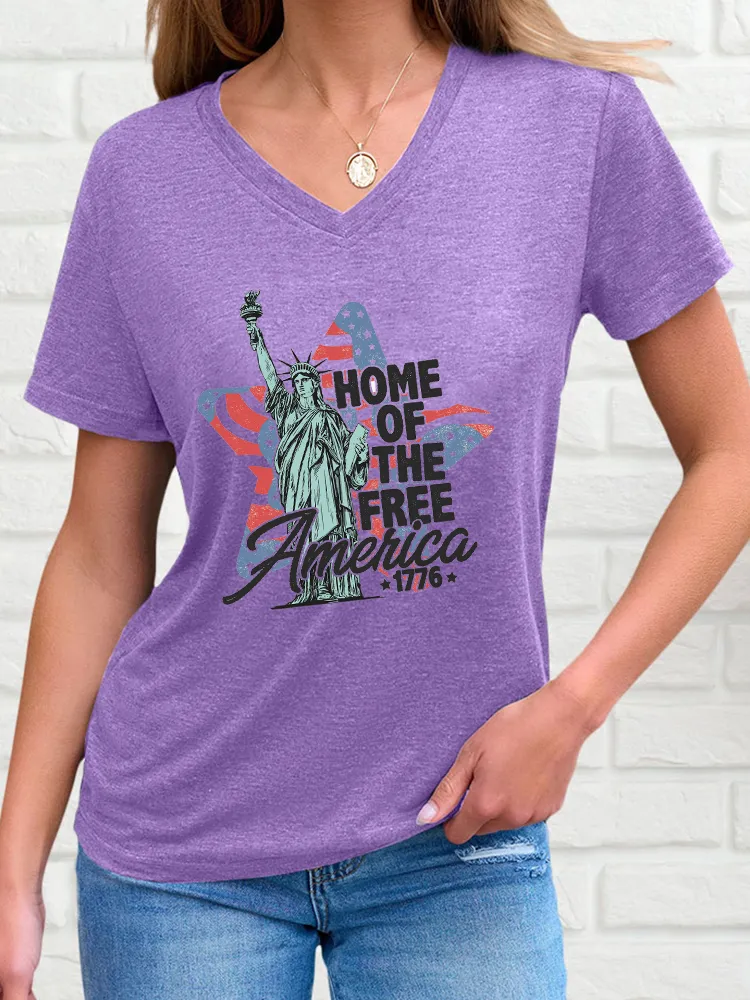 Woman'S Home Of The Free America 1776 V-Neck And Short Sleeves T-Shirt