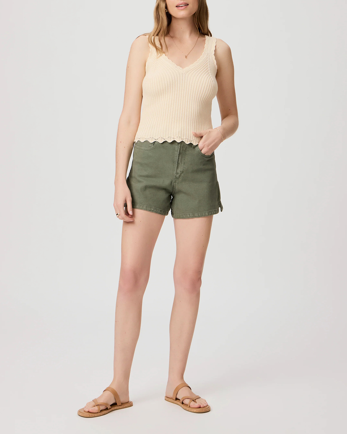 Beige Ribbed V Neck Cropped Tank Top