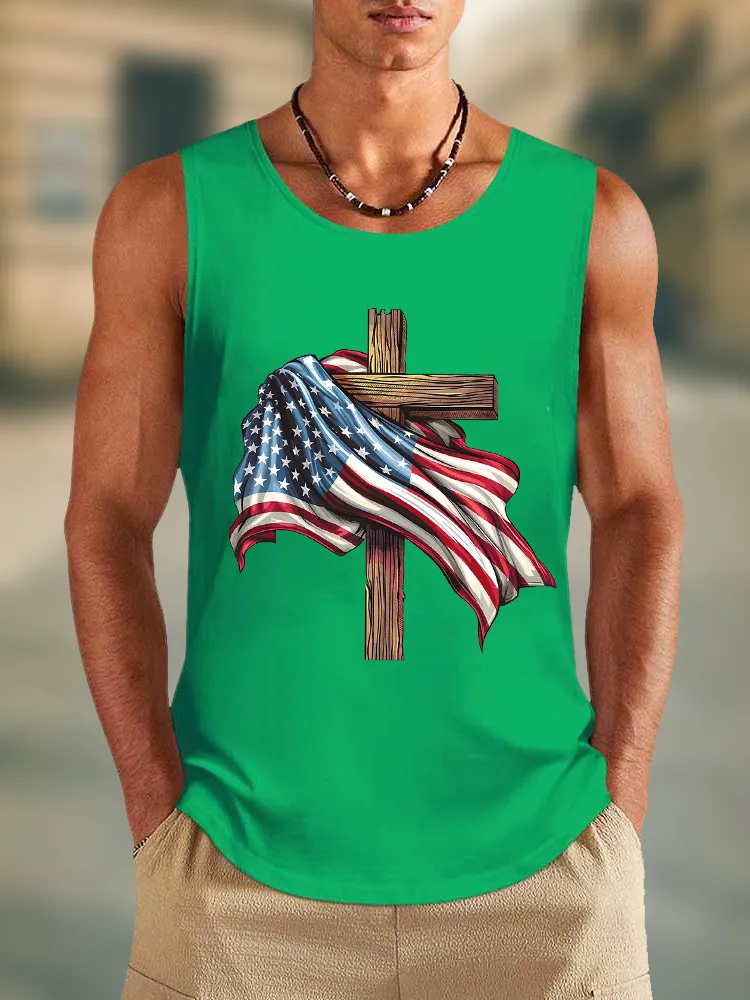 Men'S The Stars And Stripes Cross Print Round-Necked Sleeveless Vest