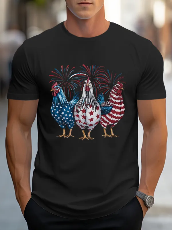 Man'S Independence Day Fireworks Rooster T-Shirt With Round-Neck And Short Sleeves