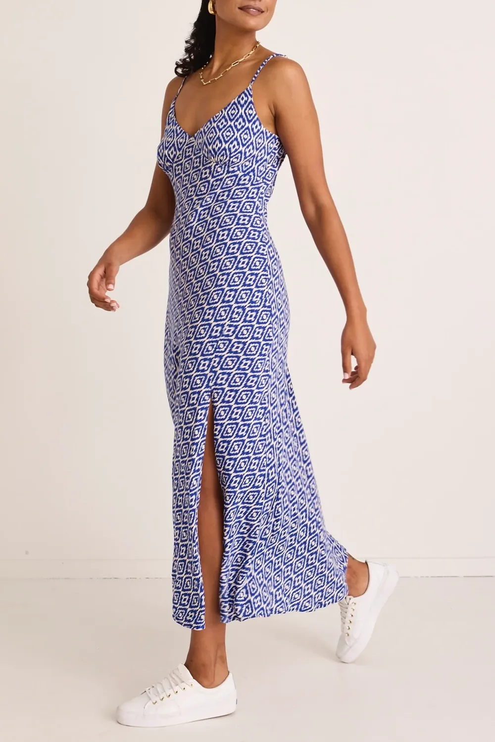 Electric Blue Batik Bias Slip Midi Dress