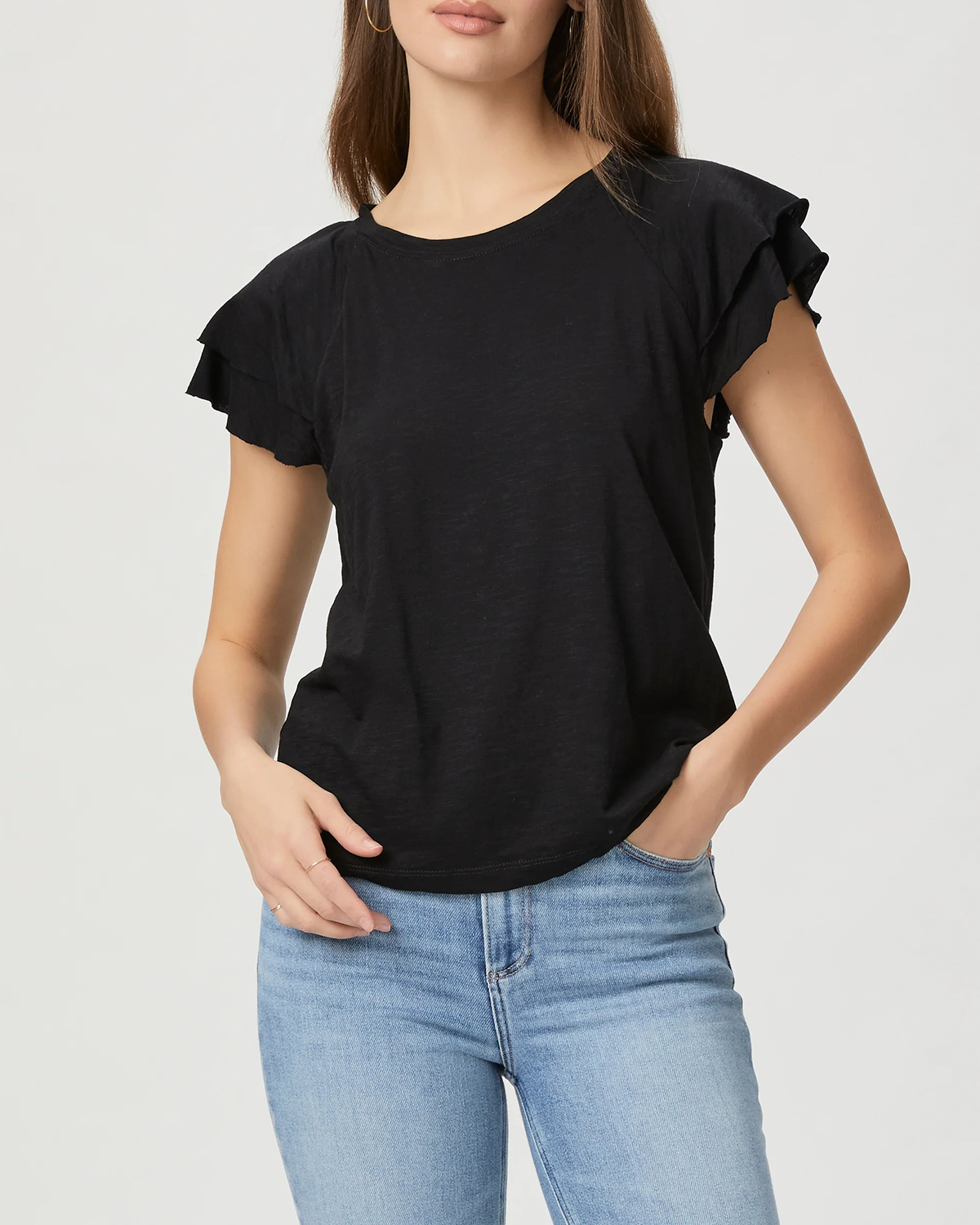Black Double Flutter Sleeve Short Sleeve Top