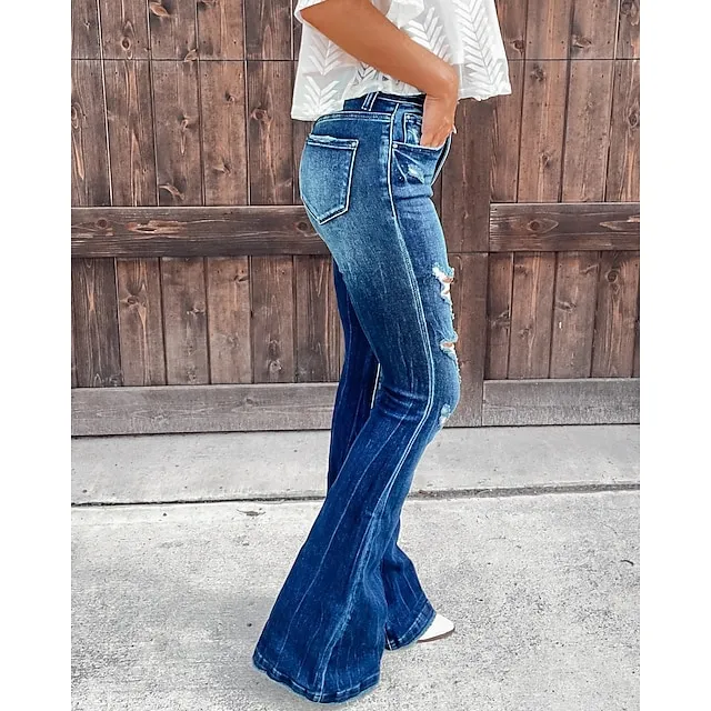 Women‘s Low Rise Jeans Bootcut Distressed Full Length Denim Side Pockets Baggy Micro-elastic High Waist Fashion Casual Work Street Blue S M Fall & Winter