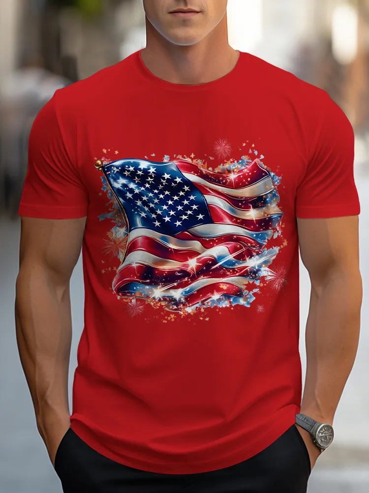 Man'S Stars And Stripes Print Round-Neck Short-Sleeved T-Shirt