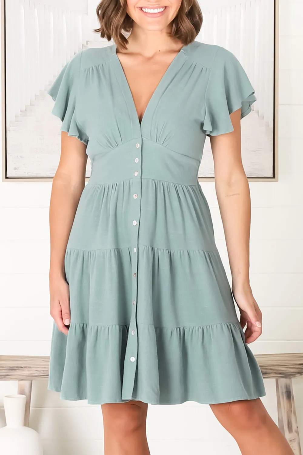 Light Green Ruffled Tiered Button Front Dress
