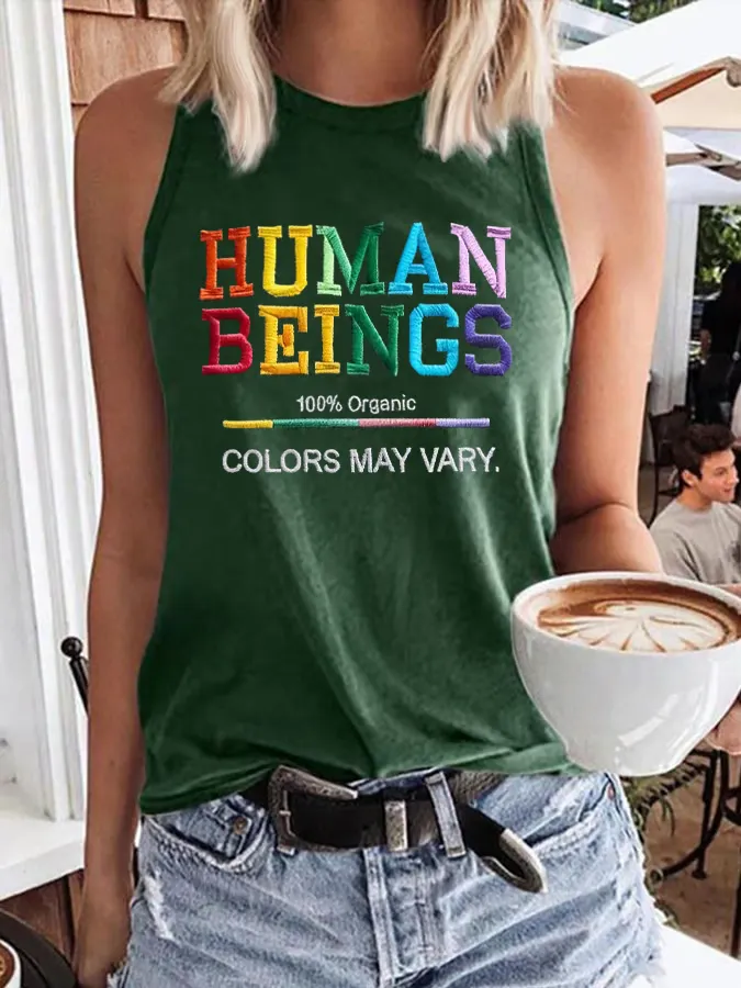 Retro Human Beings 100% Organic Colors May Vary Human Rights Equality Pride Print Tops Tank