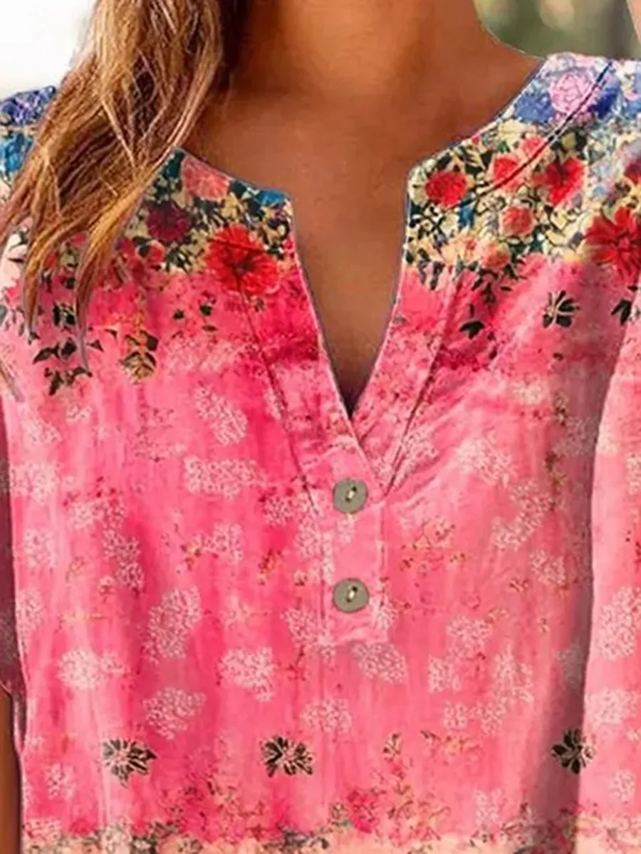 Women's Retro Casual Floral Cotton and Linen Top