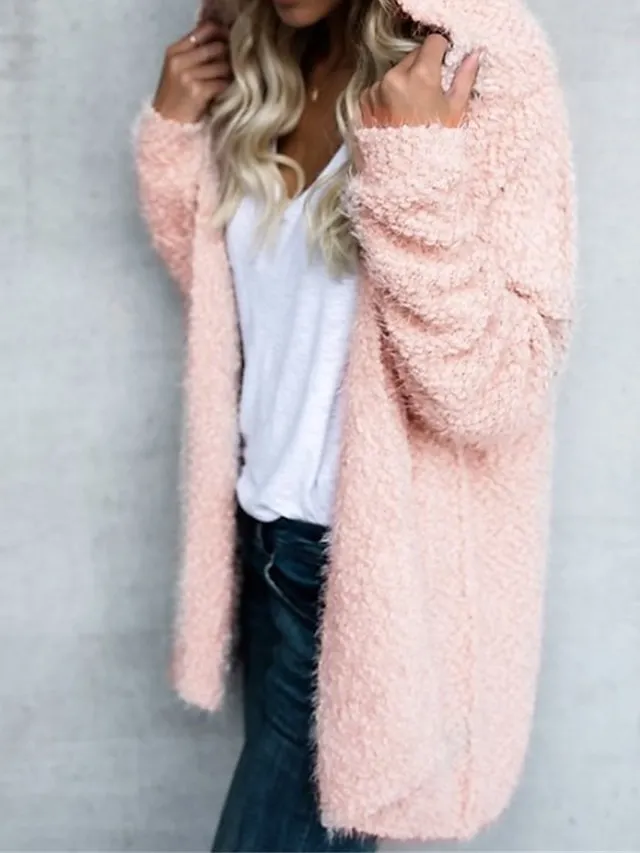 Women's Teddy Coat Fleece Jacket Winter Coat Lightweight Warm Hooded Jacket with Pockets Fall Warm Stylish Casual Street Jacket Long Sleeve White Pink Khaki