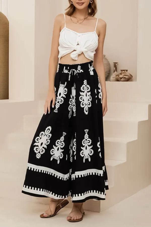 Black Patterned High Waist Wide Leg Trousers