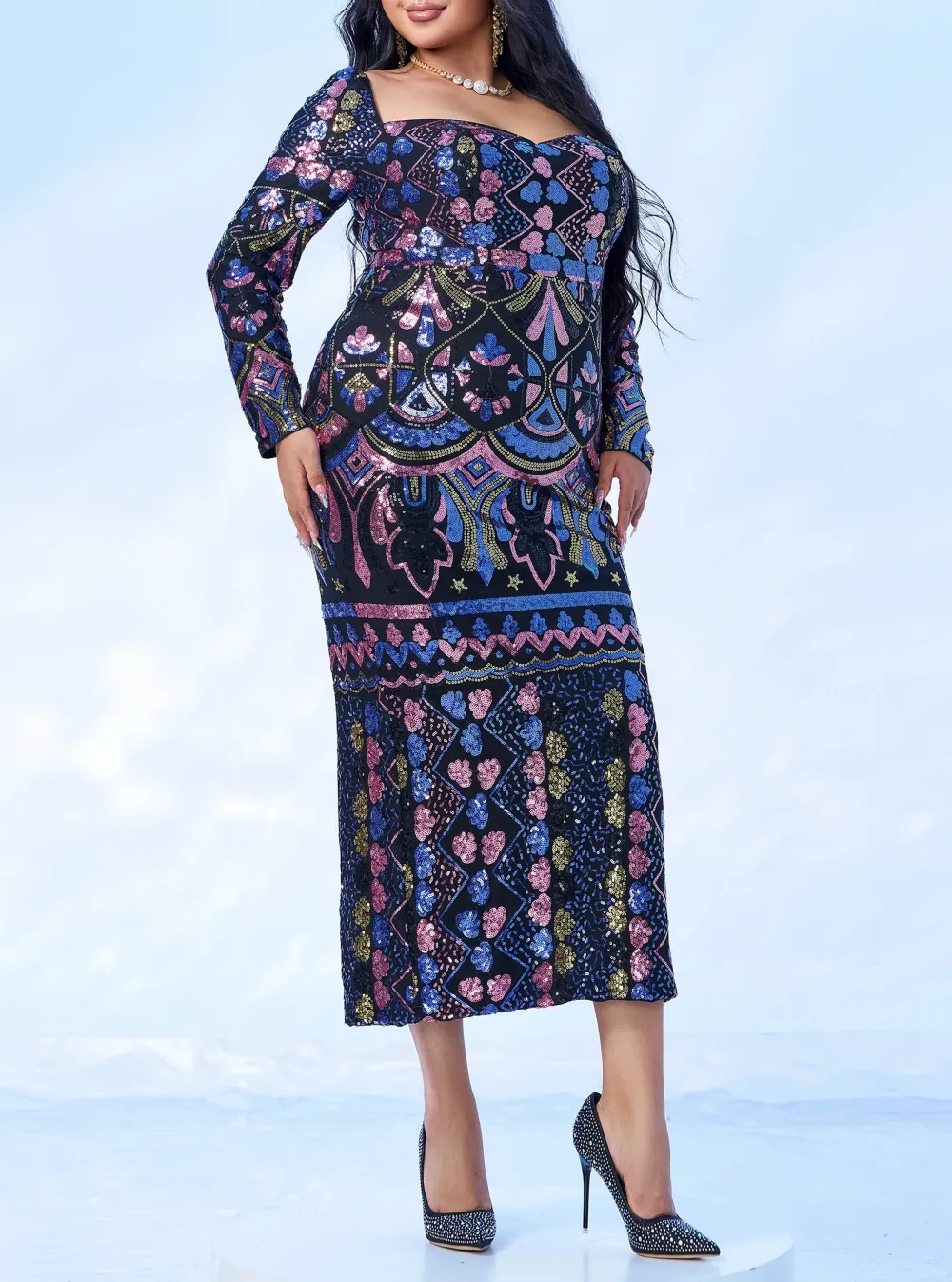 Square Neck Long Sleeve Split Sequin Dress