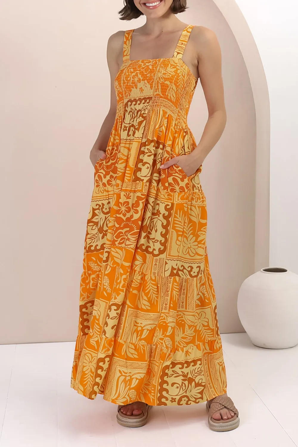 Yellow Patterned Strapless Maxi Dress
