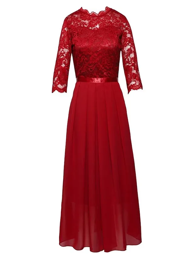 Women‘s Black Dress Prom Dress Black Lace Dress Party Dress Long Dress Maxi Dress Green 3/4 Length Sleeve Spring Fall Crew Neck Fashion
