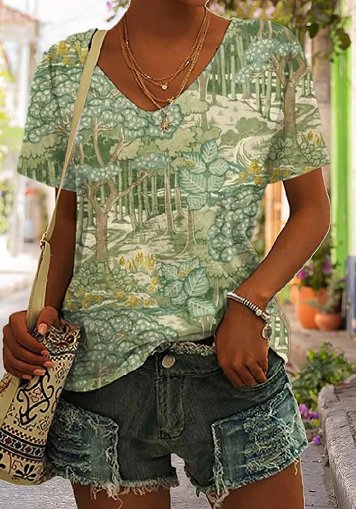 Women's Casual Protective Forest Print V-Neck Short Sleeve Cotton and Linen Shirt