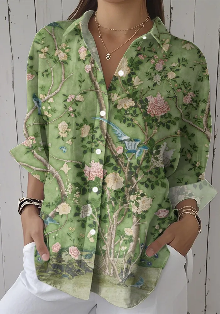 Women's Casual Protect Forest Floral Print Cotton and Linen Long Sleeve Shirt