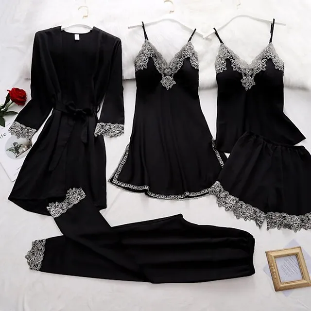 Women's Lingerie Pajama Sets 5 Pieces Satin Floral Lace Cami Top with Robe Nightgown Pants Pink Black Size XXL